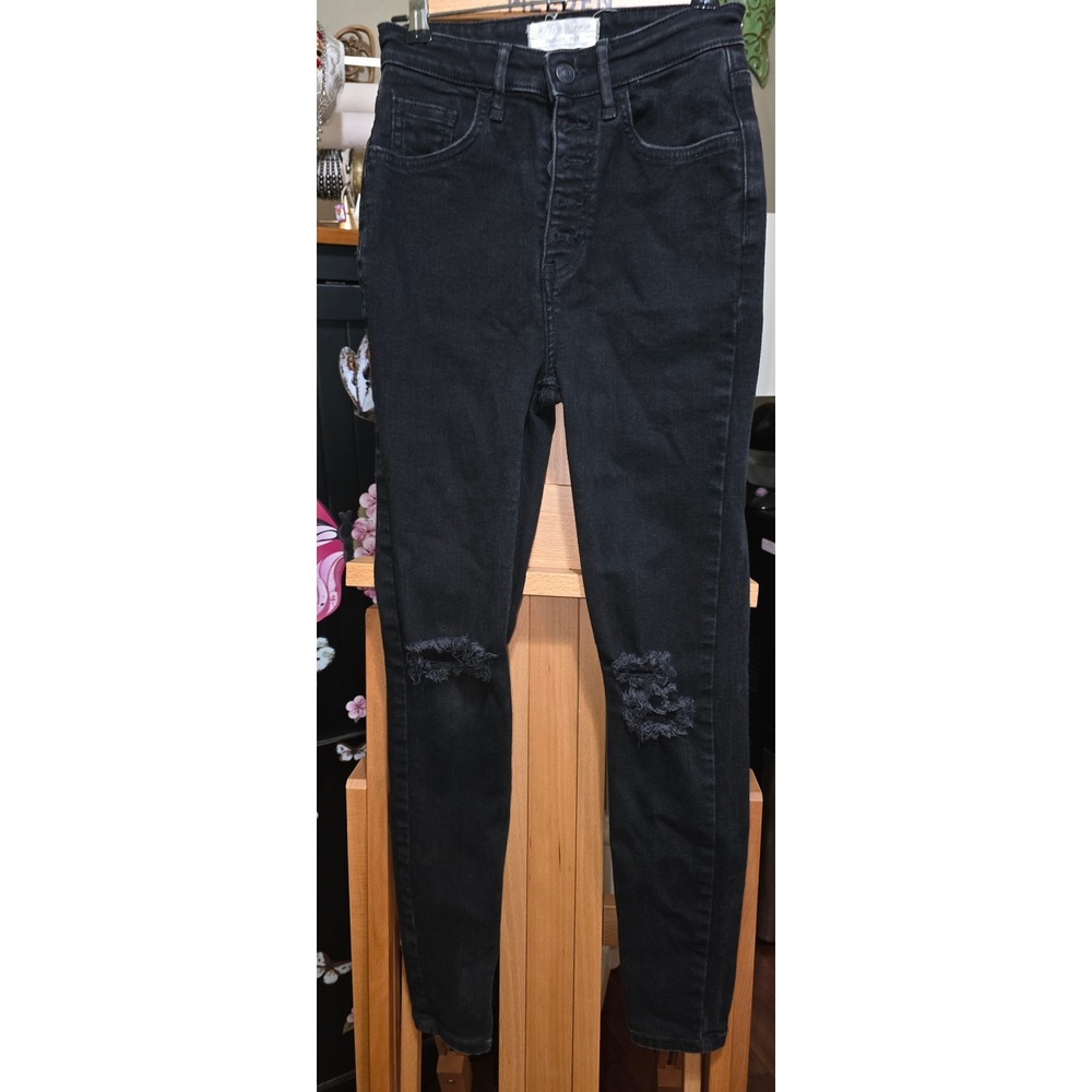 Free People We The Free Black Distressed Skinny Jeans High Rise Button Fly 25